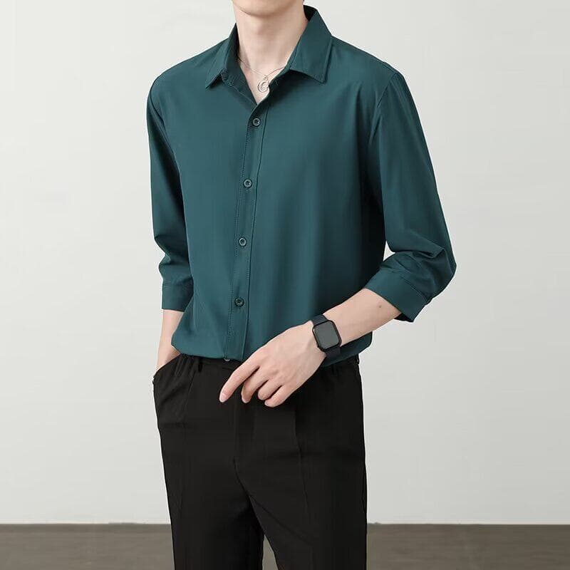 Camisa de Chiffon de seda gelo masculina britânica Yuppie outono sentimento fino manga comprida cor café camisa Drape ma