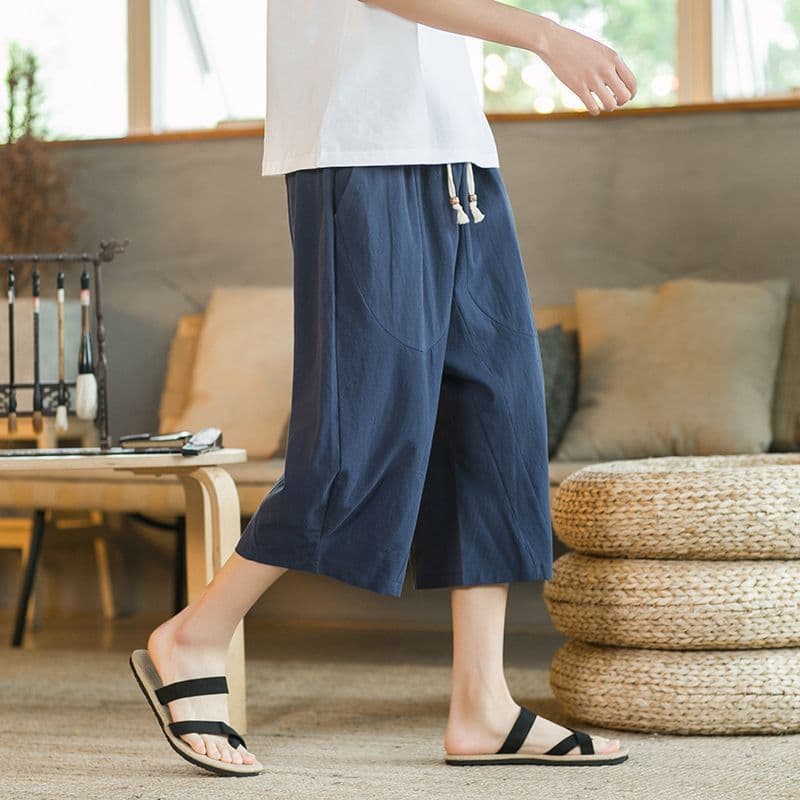 Calças cortadas de verão masculinas calças casuais de linho fino estilo chinês solto tamanho grande calças retas algodão