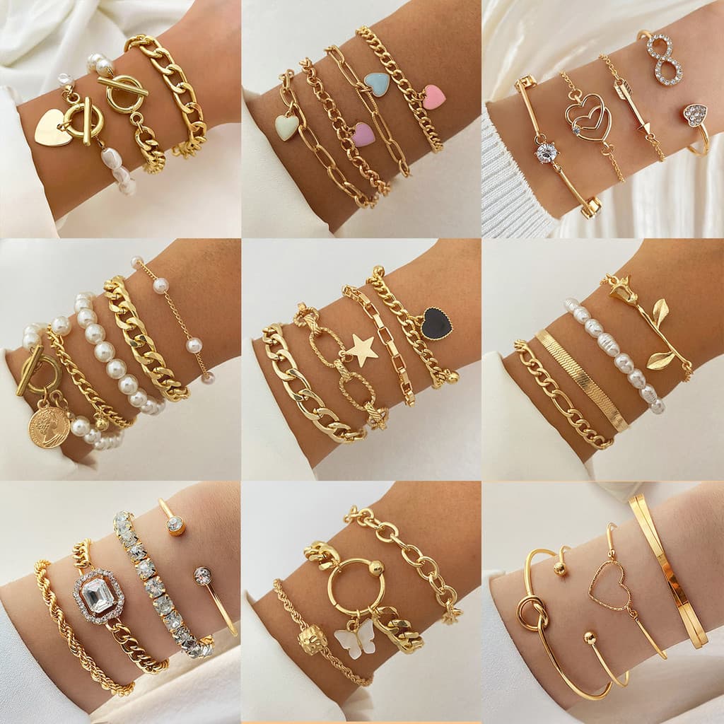 5 Pçs/Set Punk Cor De Ouro Pulseiras Para Mulheres Streetwear Goth Coração Imprime Design Metal Aberto Pulseira Moda Jói