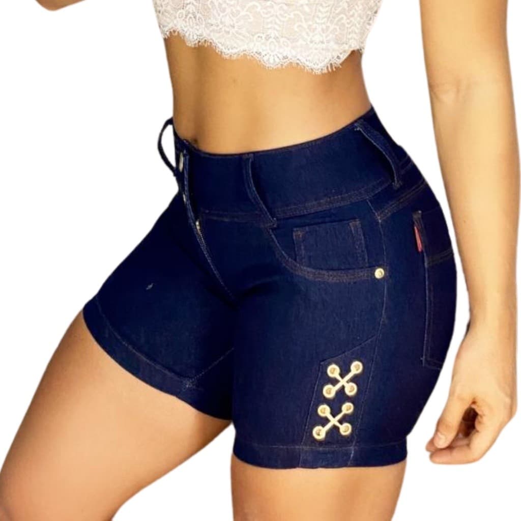Short Jeans Feminino Lavagem Escura Ilhós Lateral Premium