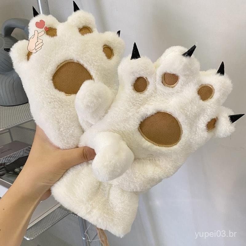 1 par de luvas de pelúcia em formato de pata de urso para mulheres no inverno, para casais, luvas macias com forro e des