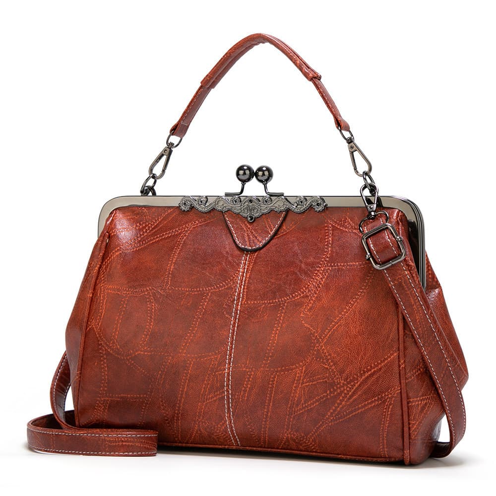 Bolsa feminina vintage em PU / bolsa transversal de grande capacidade / decoração em metal