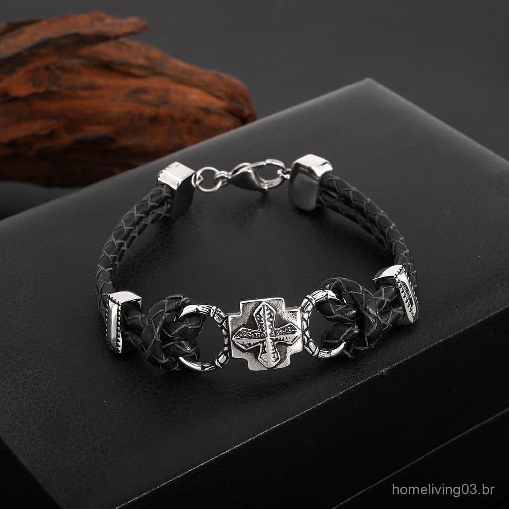 Pulseira de couro trançada com cruz em liga metálica, estilo punk retrô europeu e americano, acessório popular e mais ve