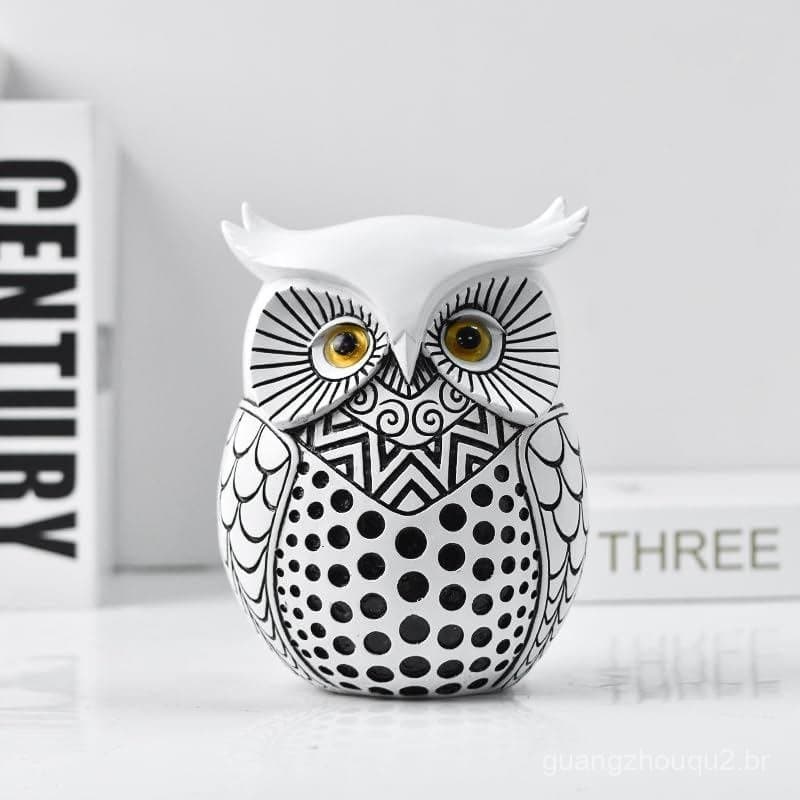 Estatueta de Coruja Branca em Resina, Padrão Preto e Branco, Decoração para Casa, Escritório, Mesa ou Estante de Livros