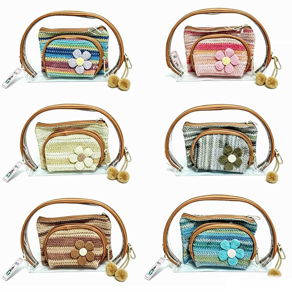 Kit Bolsa 3 em 1 Transparente com Bolsas Quadrada e Meia Lua Imitação Crochê Aplique de Flor para Viagem e Uso Diário