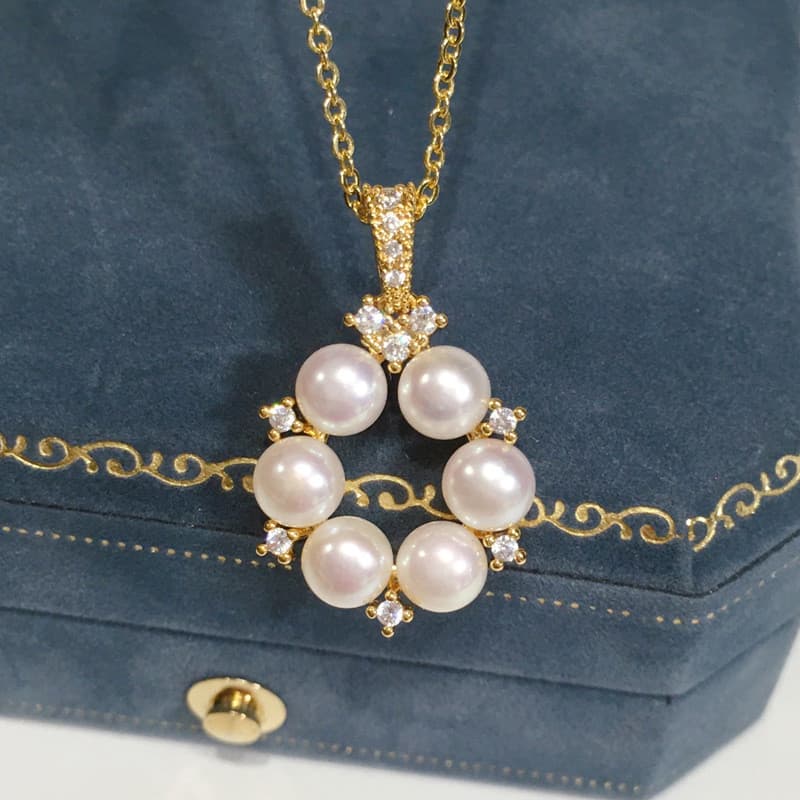 Colar com pingente de pérola de água doce rosa flor de cerejeira com múltiplas contas em ouro 18K