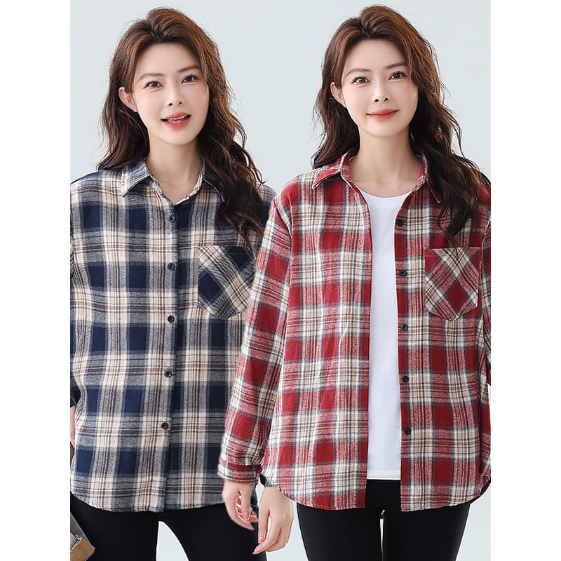 Mãe primavera outono fino verificado camisa jaqueta senhoras novo estilo solto de manga comprida camisa Casual moda redu