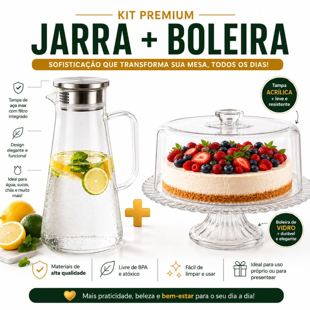 Kit Boleira de Vidro com Tampa Acrilica + Jarra Vidro com Tampa Inox Mesa Posta Premium