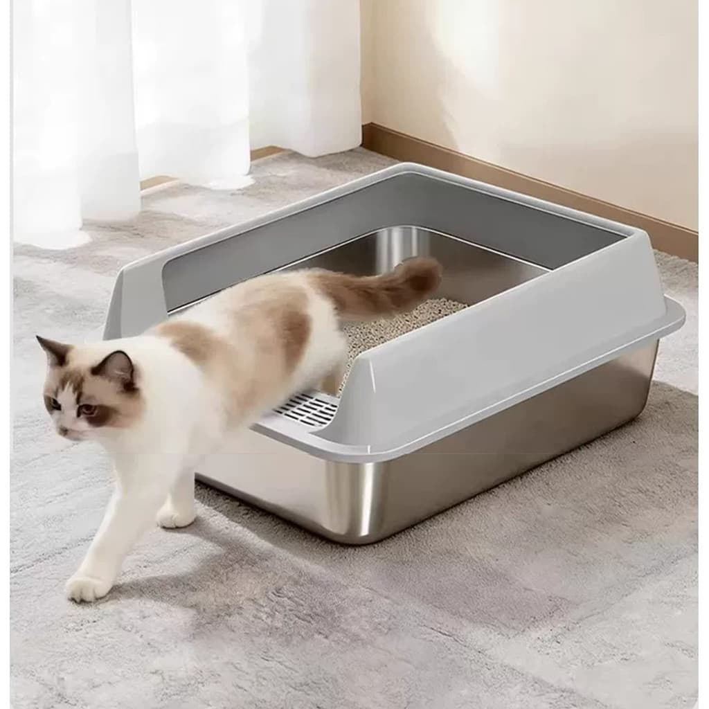 Caixa de Areia Aço Inoxidável Borda Profunda Anti Derramamento Sem Odores Resistente à Deformação para Gatos Grandes