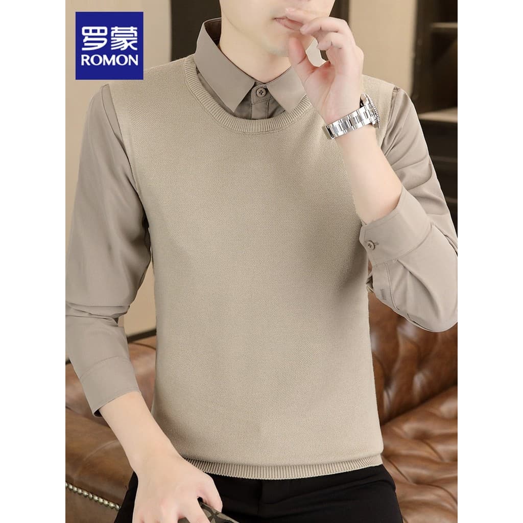 Lomon camisola masculina falsa de duas peças 2026 primavera novo estilo na moda camisola de fundo Casual malhas roupas m