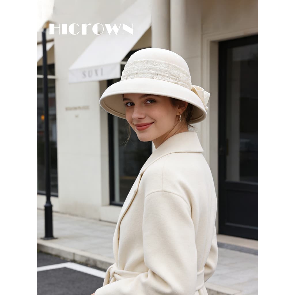 Filha estilo outono inverno branco lã balde chapéu feminino francês Retro laço arco chapéu superior viagem bacia chapéu