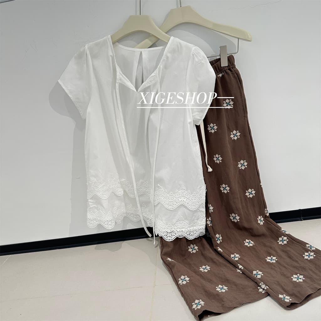 Francês dupla camada onda bordado renda camisa do bebê feminino verão novo estilo solto Quan algodão rendas de manga cur