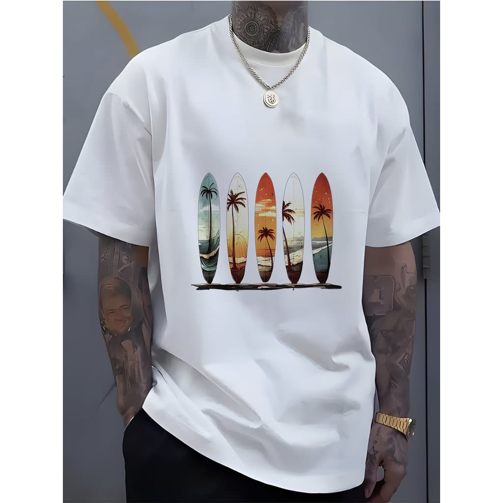 camiseta 100% algodão  com Prancha de Surf Paraíso Tropical - Design de Palmeira Costeira e Pôr do Sol