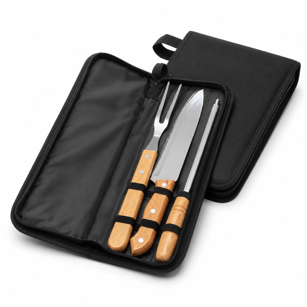 Kit Churrasco 3 Peças Aço Inox Cabo Madeira e Estojo Peças com 29 Cm