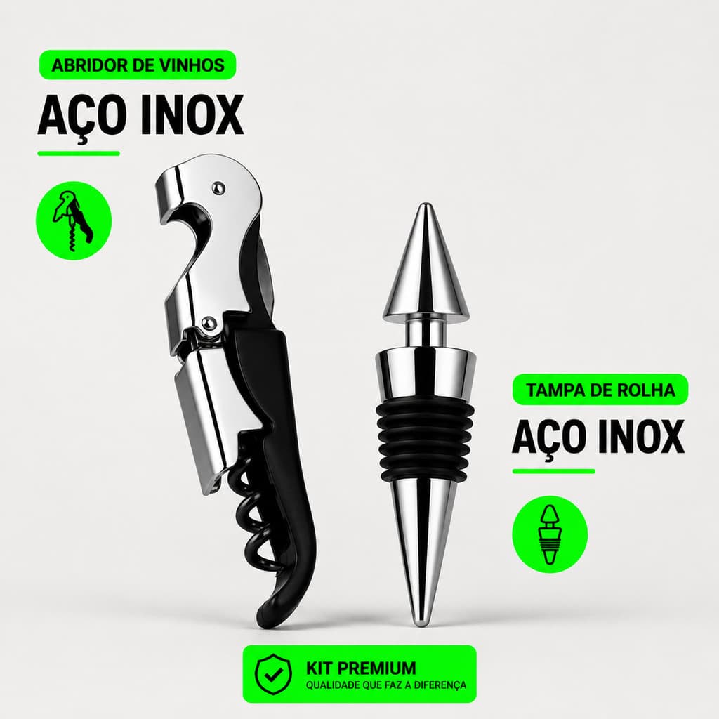 Abridor de Vinho Saca Rolha + Tampa Aço Inox