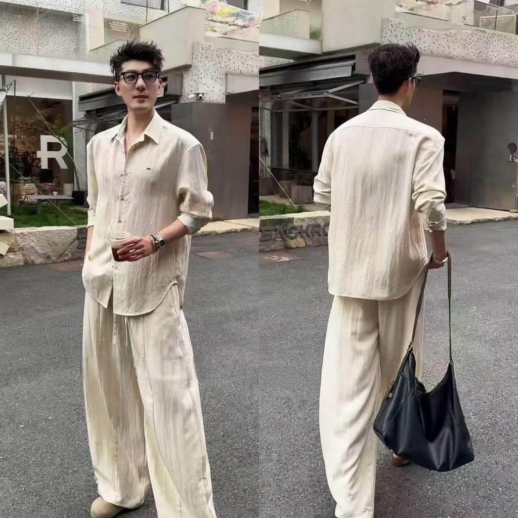 Terno masculino estilo dinheiro antigo camisa de manga comprida Casual calças preguiçosas mais finas olhar dois @-#男士套装老