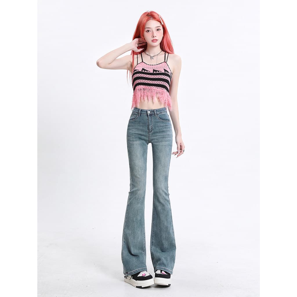 Vfvk Retro nostálgico queimado Jeans feminino 2026 novo estilo verão calças pequenas elásticas All-Match calças largas