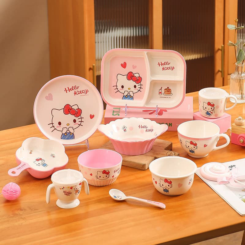 Hello Kitty Kids Tigelas De Melamina Prato Cartoon Girl Conjunto De Talheres Sem BPA Inquebrável