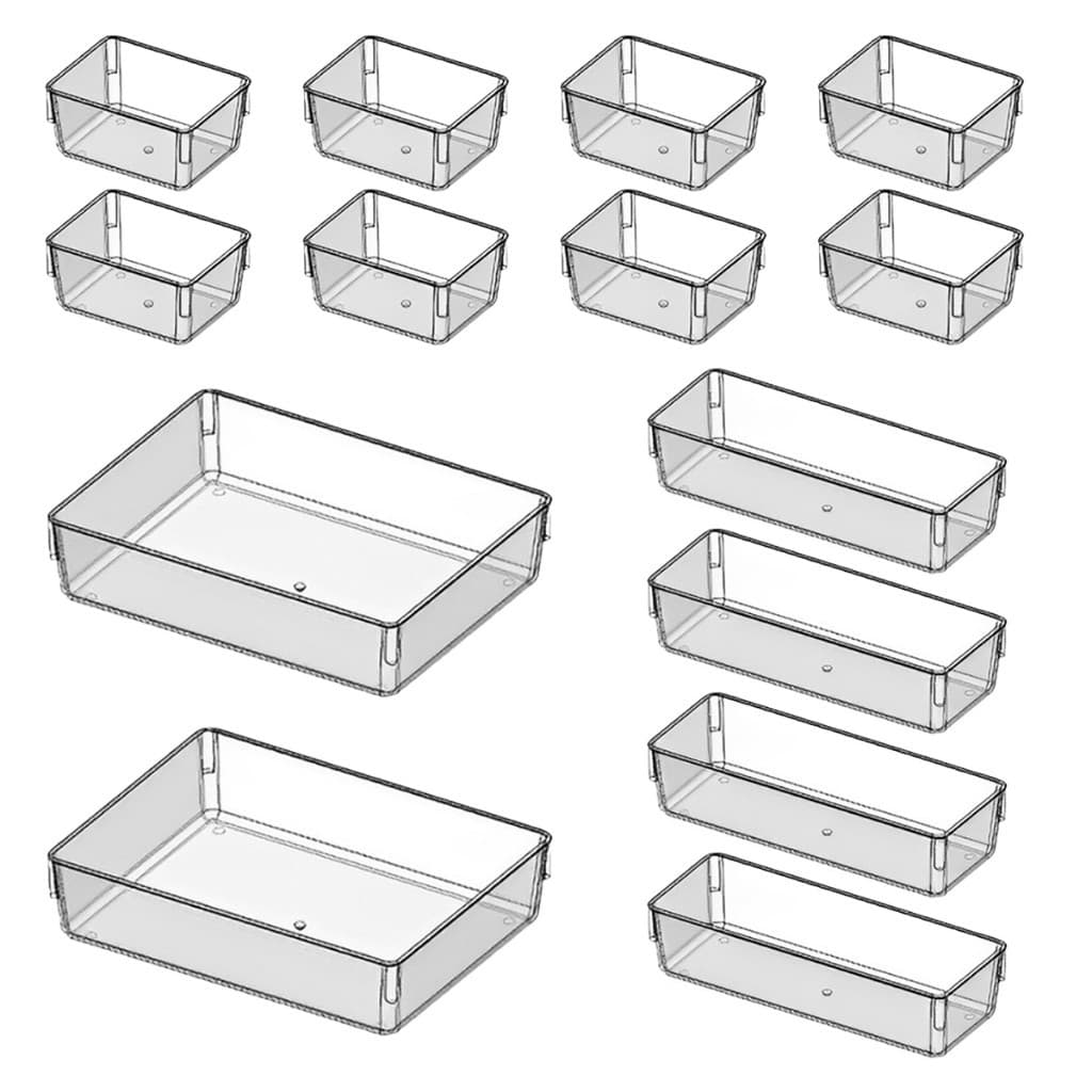 Kit 14 Organizadores Acrílico Cristal Modular Para Geladeiras Gavetas Armários e Maquiagens
