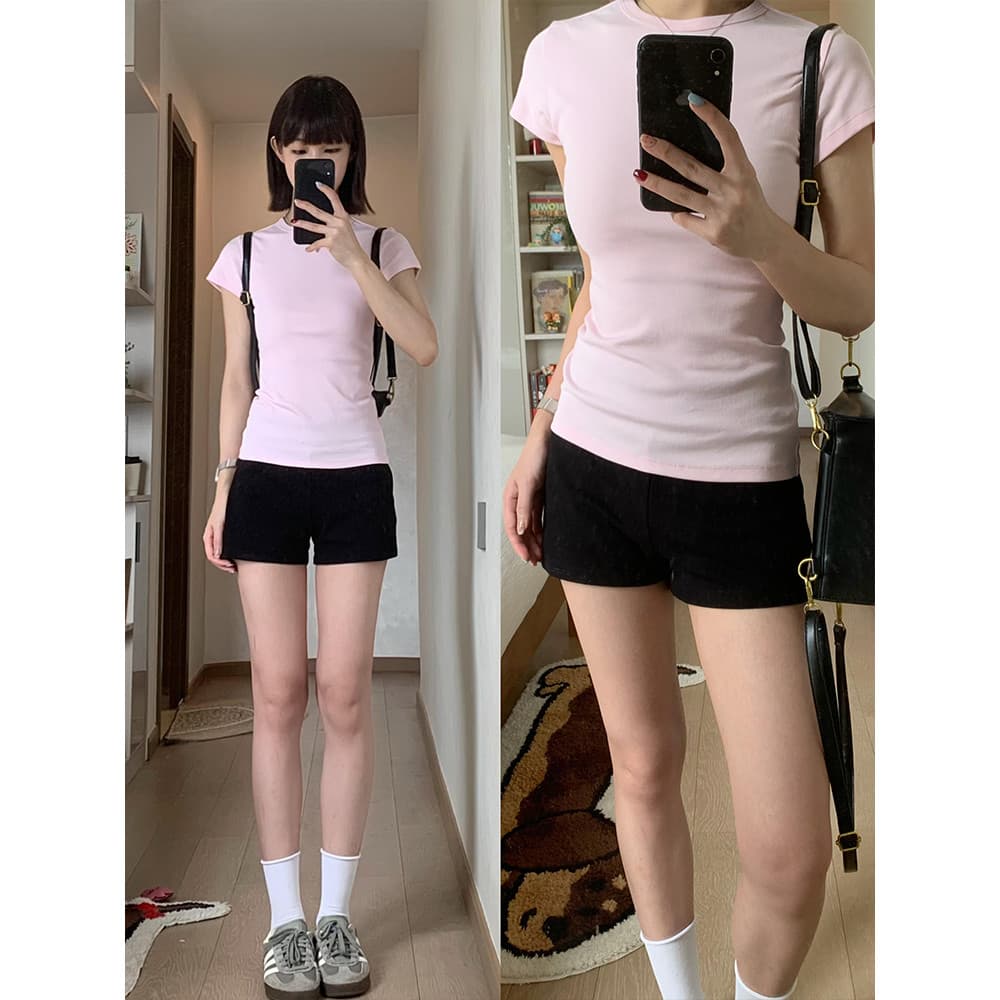 Rosa frente ombro de manga curta camiseta feminina verão fino ajuste meia manga cintura magro olhar mais magro