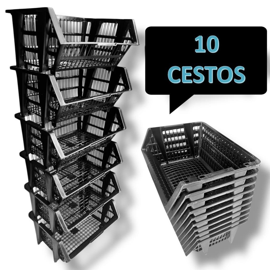 10 Cesto Empilhavel Expositor Organizador Preto Encaixavel