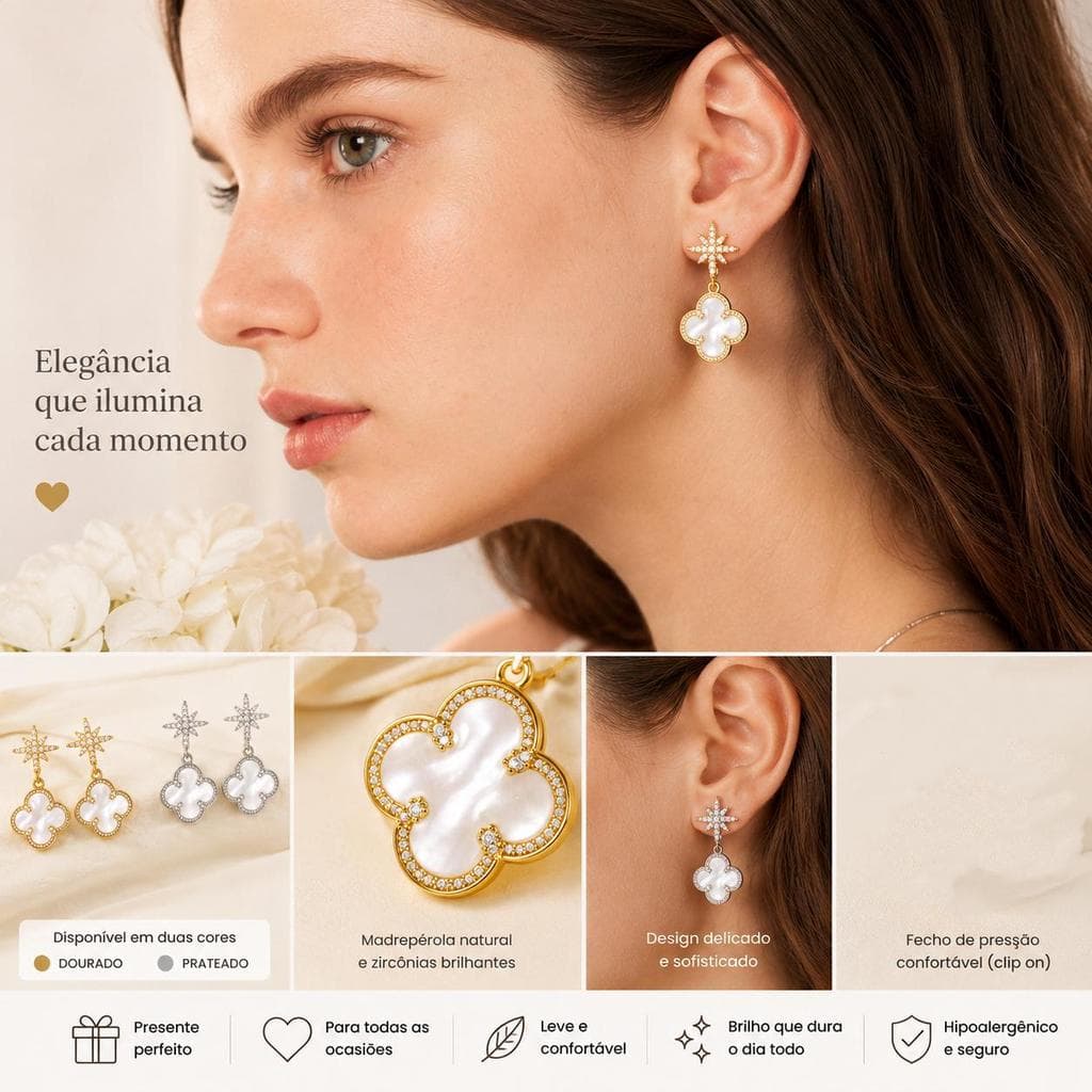 Brinco de Pressão Feminino Elegante Trevo Madrepérola Presente para Namorada Esposa Mãe Sem Furo