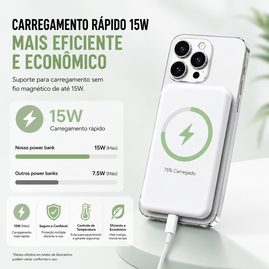 Power Bank Imantado 10000mAh Ultra Fino, Recarga 15W, Ideal para iPhone 12-17 e Viagens de Avião