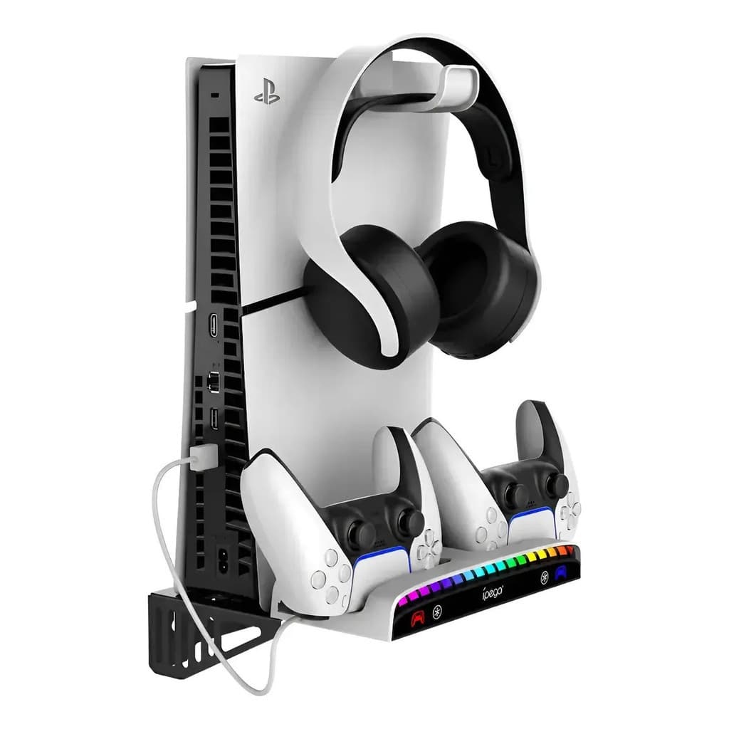 Suporte para PS5 / PS5 Slim com 2 Ventoinhas, Estação de Carregamento Rápido para 2 Controles Led Lighting Pg-p5s01