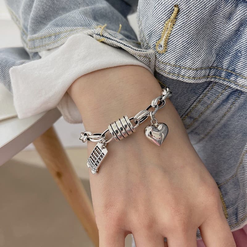 Pulseira Punk Vintage Prateada Feminina QMCOCO, Nova Joia de Festa, Corrente Grossa em Forma de Coração e Ábaco, 2G3T