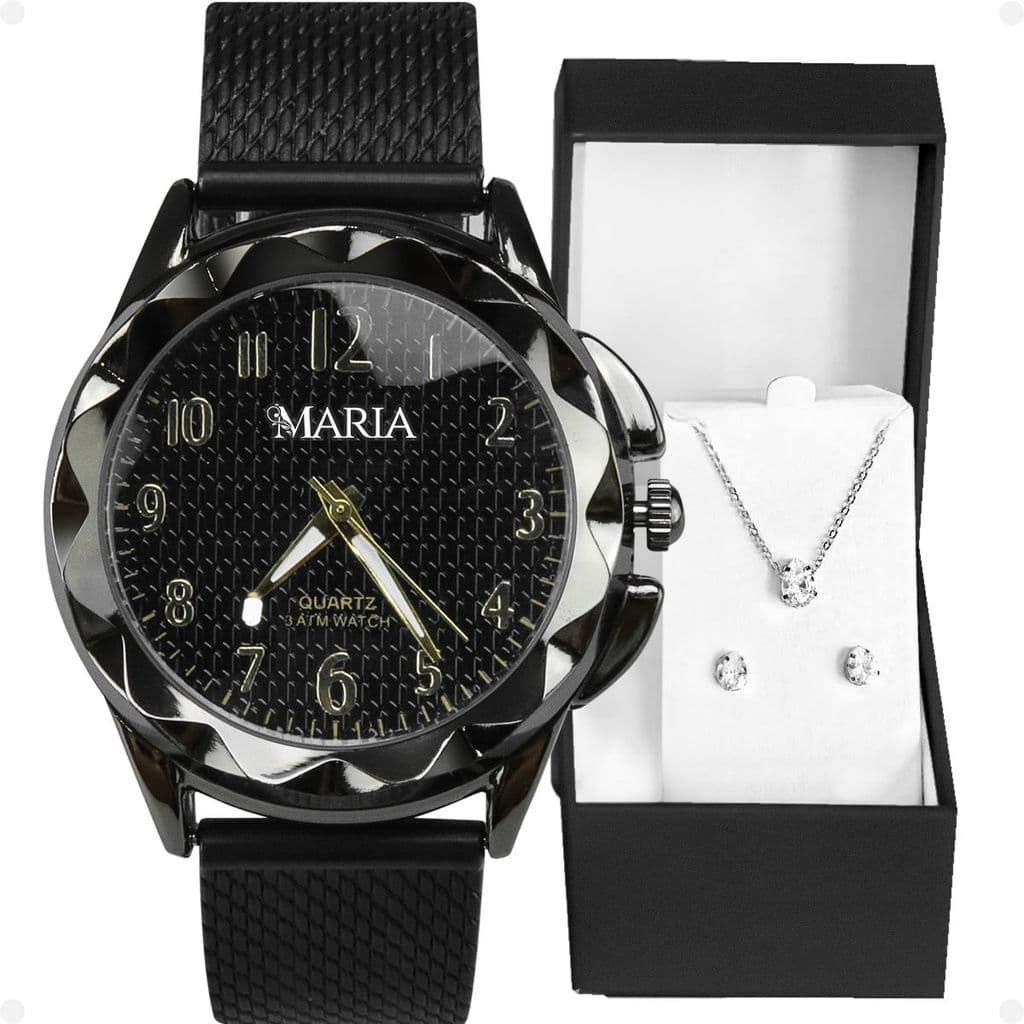 Relogio Feminino Aço Inox Preto + Brincos + Caixa + Colar