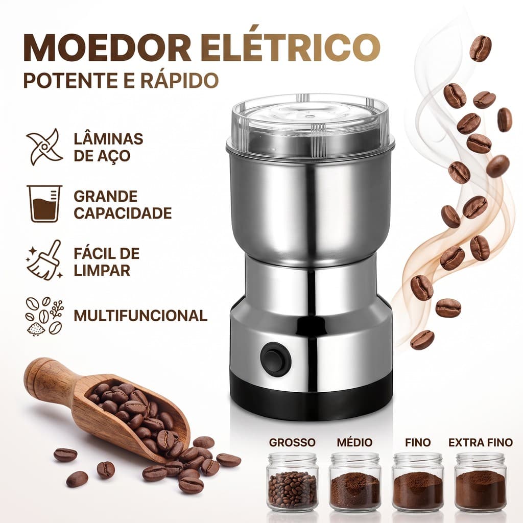 Moedor Multifun de Café em Aço Inox com 4 Lâminas - Multifuncional para Especiarias e Grãos - Bivolt 110V/220V - Portáti