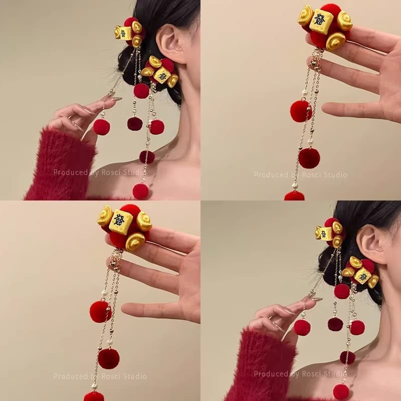 Ano novo bola de cabelo vermelho borla grampo de cabelo feminino novo estilo chinês estilo antigo ano novo chinês festiv