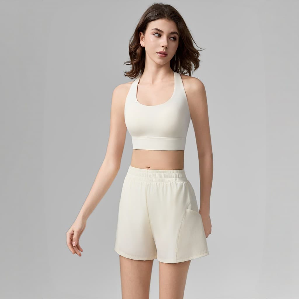 Feminino curto terno de Fitness fixo almofada no peito esportes roupa interior bolsos laterais Anti-reflexo correndo Sho