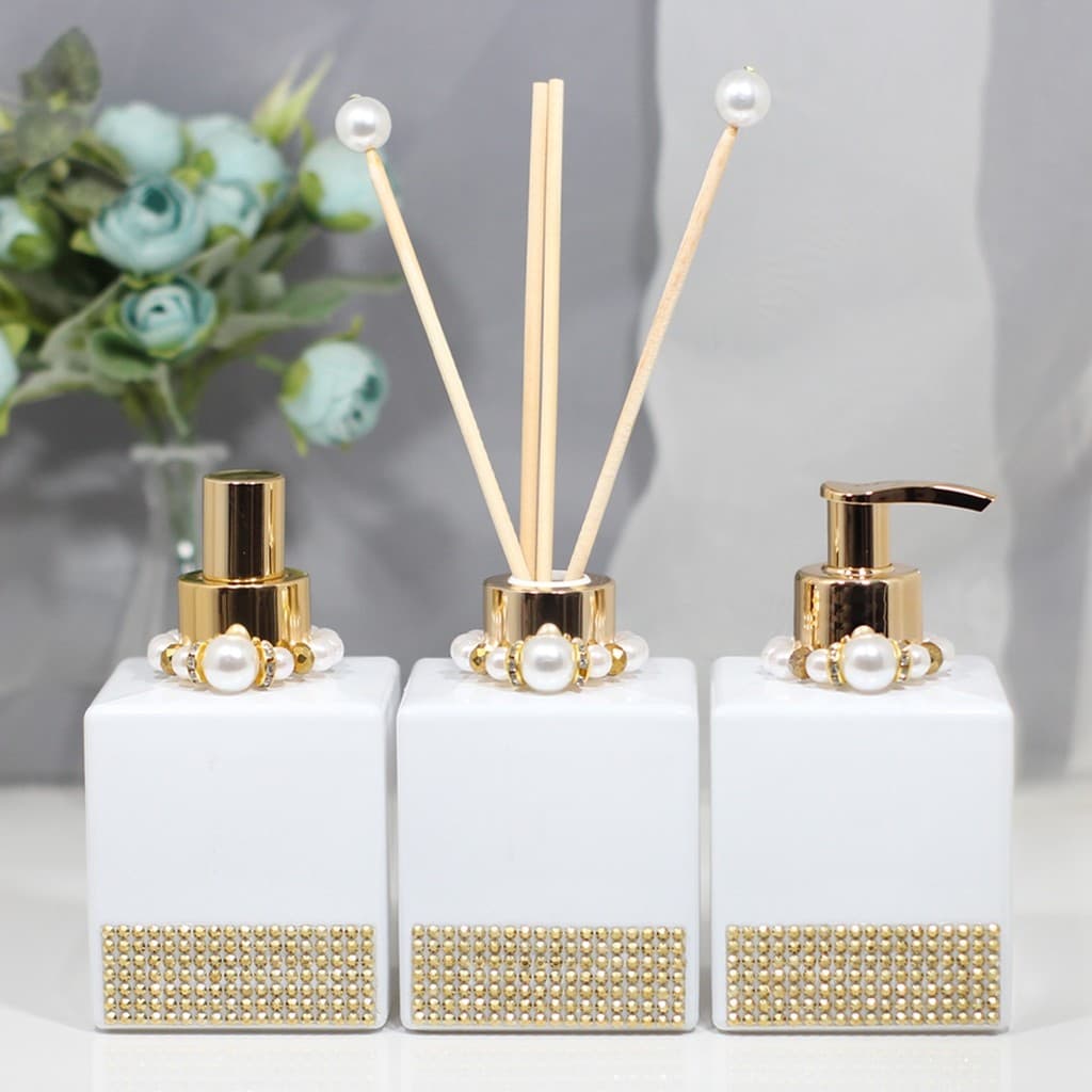 Kit Trio Frascos Vidro Sabonete Líquido Difusor Aromas Spray