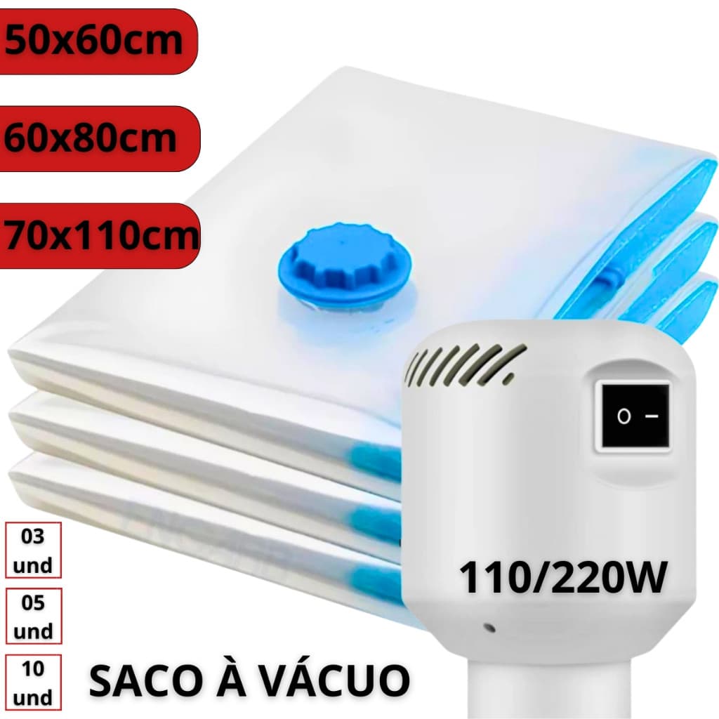 Kit com 10 Sacos a Vácuo e Bomba Elétrica 110v 220v Organização de Roupas Guarda-Roupas Mala Viagem