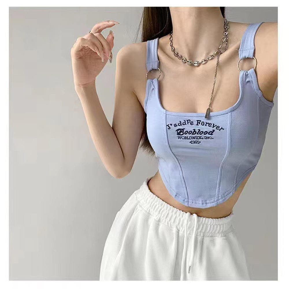 Carta Feminina Imprimir Tops De Tanque Curto Y2K Verão Irregular Crop Top Colete De Fivela