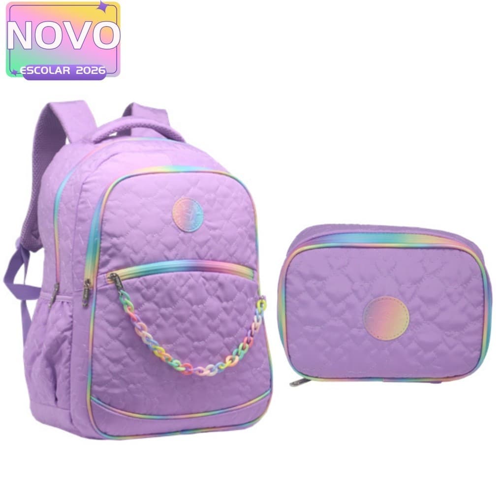 Kit Mochila De Costas Escolar Juvenil 18”  Com Estojo Estampa Coração Feminina