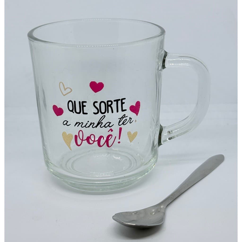 Caneca de Vidro Transparente 250ml + Colher Alumínio Presente Namorado Pais Mães Avós e Aniversario