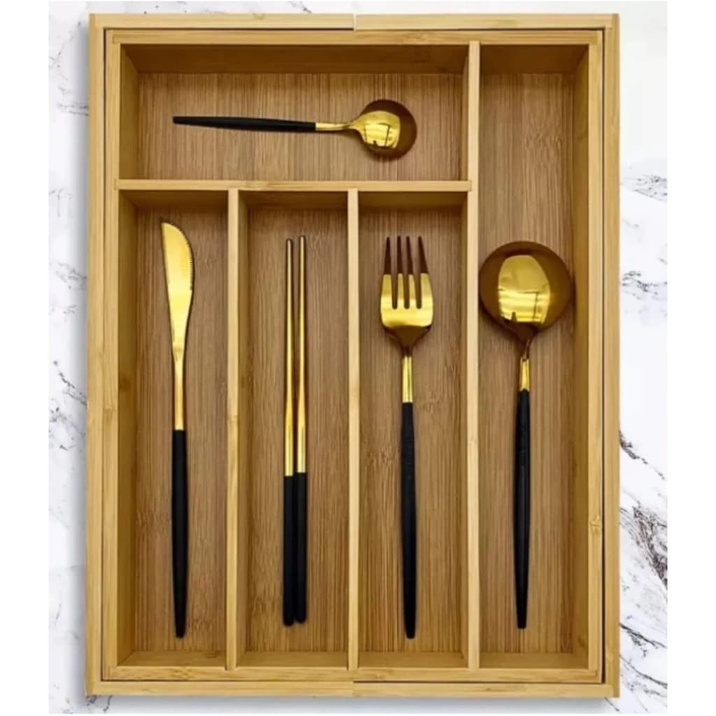 Porta Talheres Gaveta Bambu 7 Divisórias Extensível Ajustável Organizador Talheres Madeira