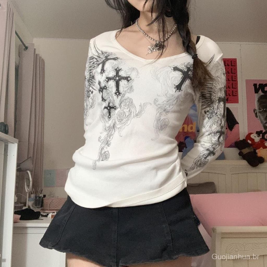 LB Pkb-Tops Cropped Femininos com Estampa Floral Y2K Grunge Fairycore Camisetas Brancas Longas Pullover Kawaii Outono IT