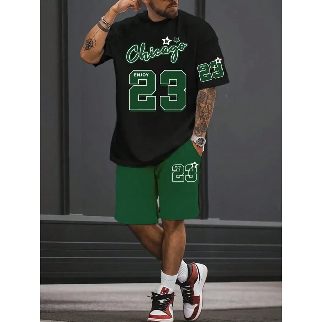 Kit Camiseta Preta + Bermuda de Moletom Modelo "Chicago 23 Enjoy Verde" Estilo Tumblr Moderno - LANÇAMENTO/PROMOÇÃO ESPE