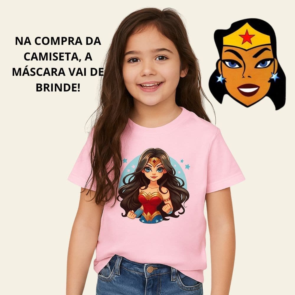 camiseta infantil com brinde opção presente de natal máscara mulher maravilha blusa criança menina