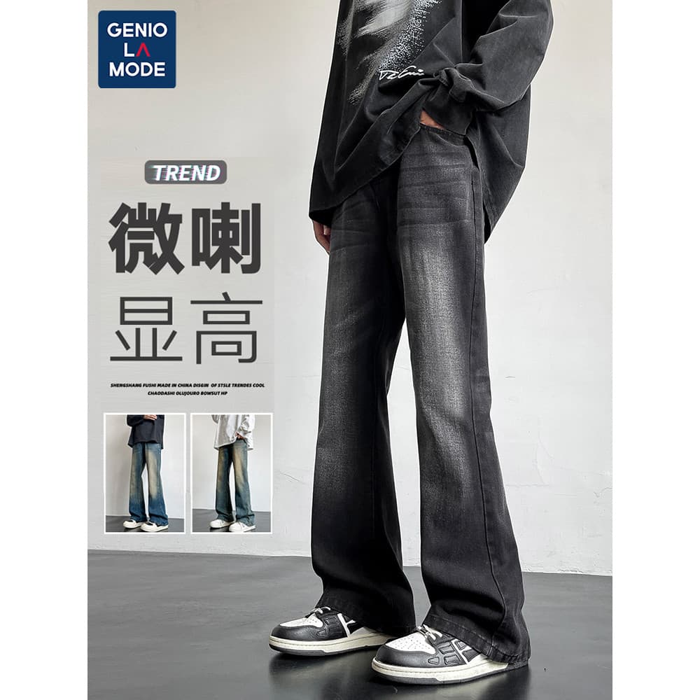 Genilamo GENIOLAMODE Micro-Flap Jeans Homens Americano High Street Primavera Outono Solto Ruffian Bonito Calças Machete