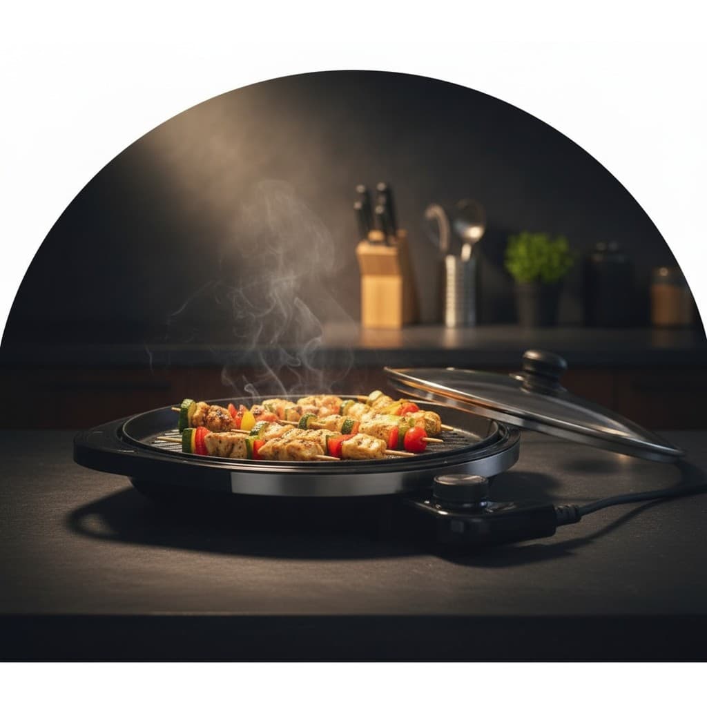 Grill Eletrico Redondo Termostato Ajustavel 127V Preto Cozinha Pratico Rápido
