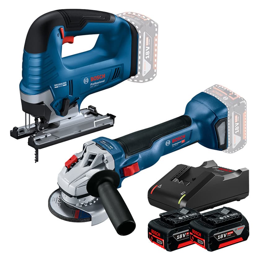 Kit Serra Tico-Tico GST 185-LI + Esmerilhadeira 5" (125mm) GWS 18V-10 + 2 Bateria 4Ah + Carregador Rápido Bosch