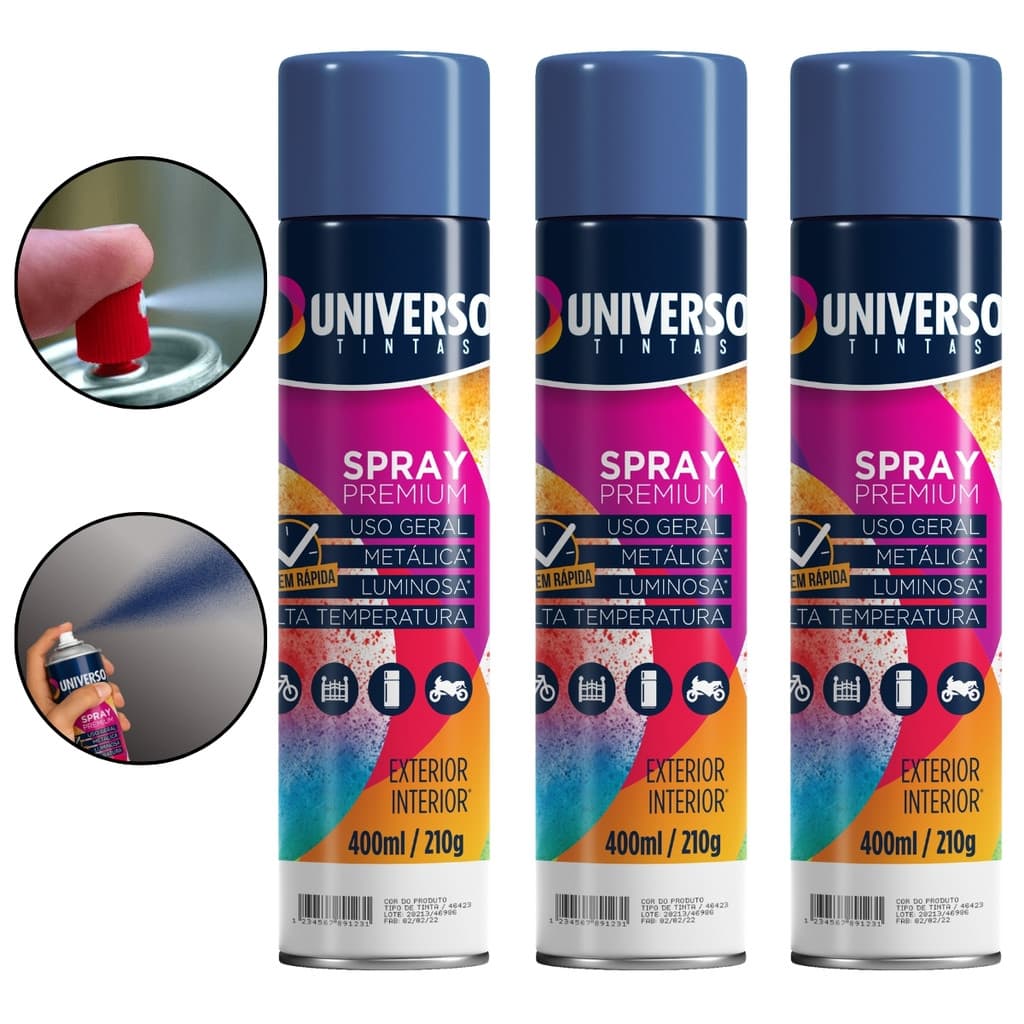 Kit 3 Tintas Spray 400ml Azul Escuro Uso Geral Universo Tinta para Pintura de Aço Ferro Couro Gesso e Cerâmica