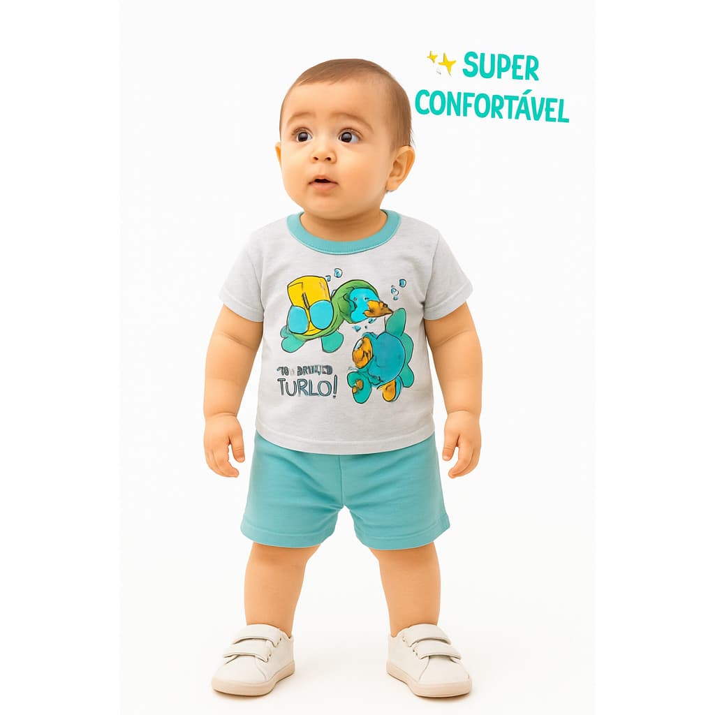 Conjunto Infantil Menino Verão  Shorts + Camiseta Estampada  Roupa Bebê Confortável e Fofa