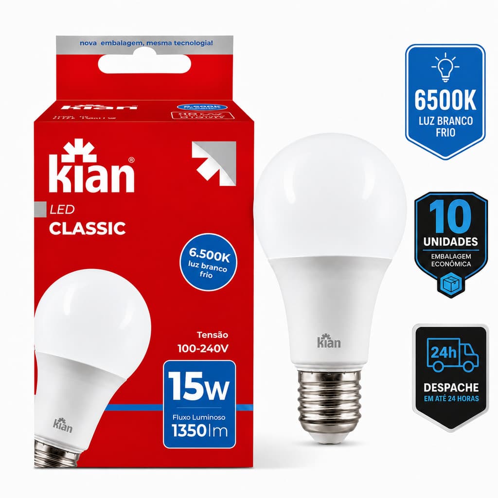 Kit 10 / 5  Lâmpadas LED Kian 15W Luz Branco Frio 6500K Bivolt Alta Potência Com Bocal E27