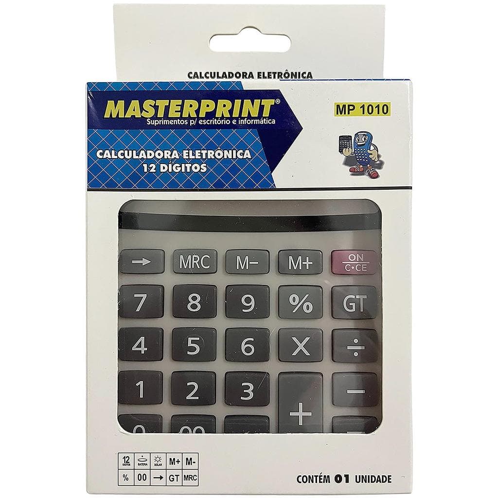 Calculadora Eletrônica de Mesa Masterprint MP-1010 - 12 Dígitos, Alimentação Solar e Bateria