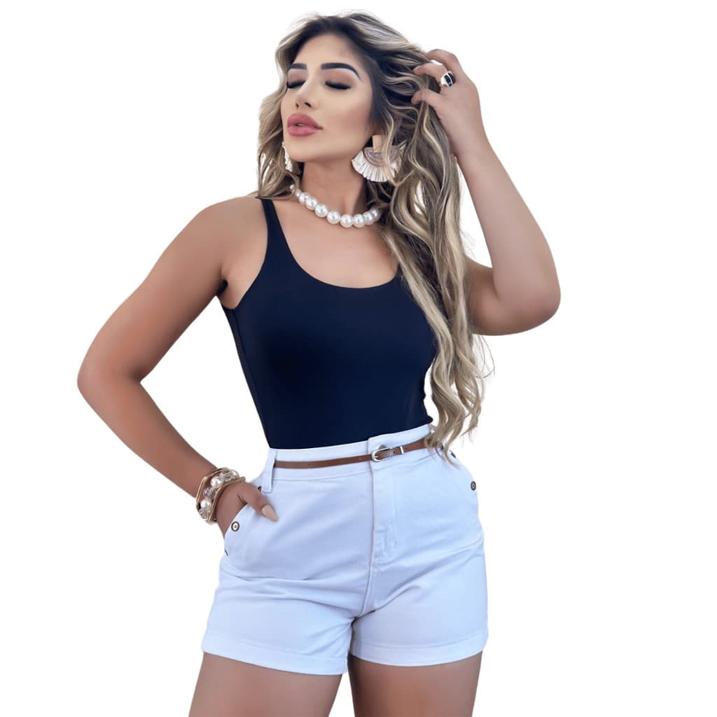 Short Feminino Branco Cintura Alta com Cinto